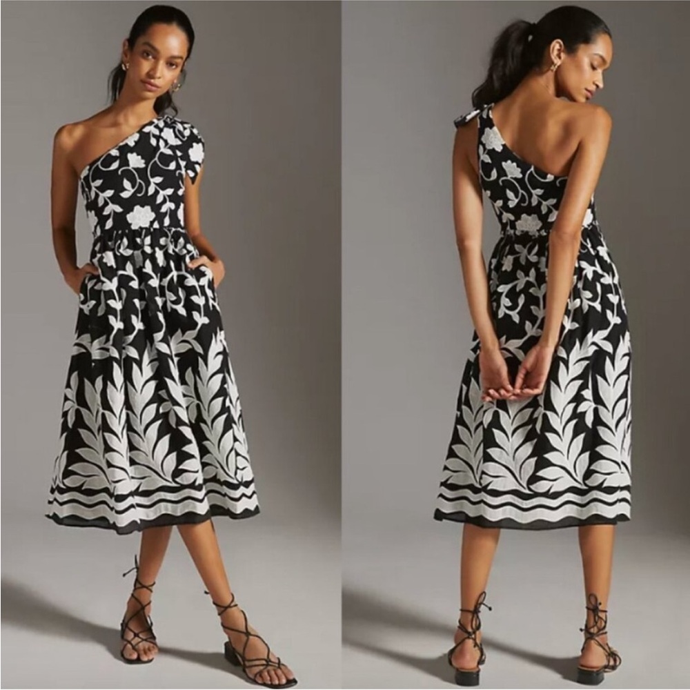 Anthropologie + Plus Embroidered One Shoulder Midi Dress Black White Size 20W - Picture 4 of 14